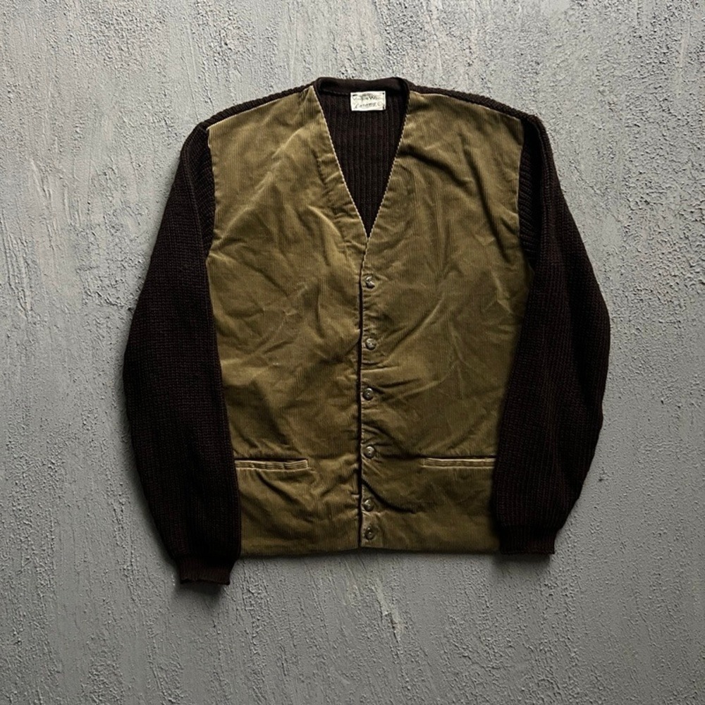 Vintage Caramy Cardigan Sweater Large Brown 1970s Corduroy Wool‎